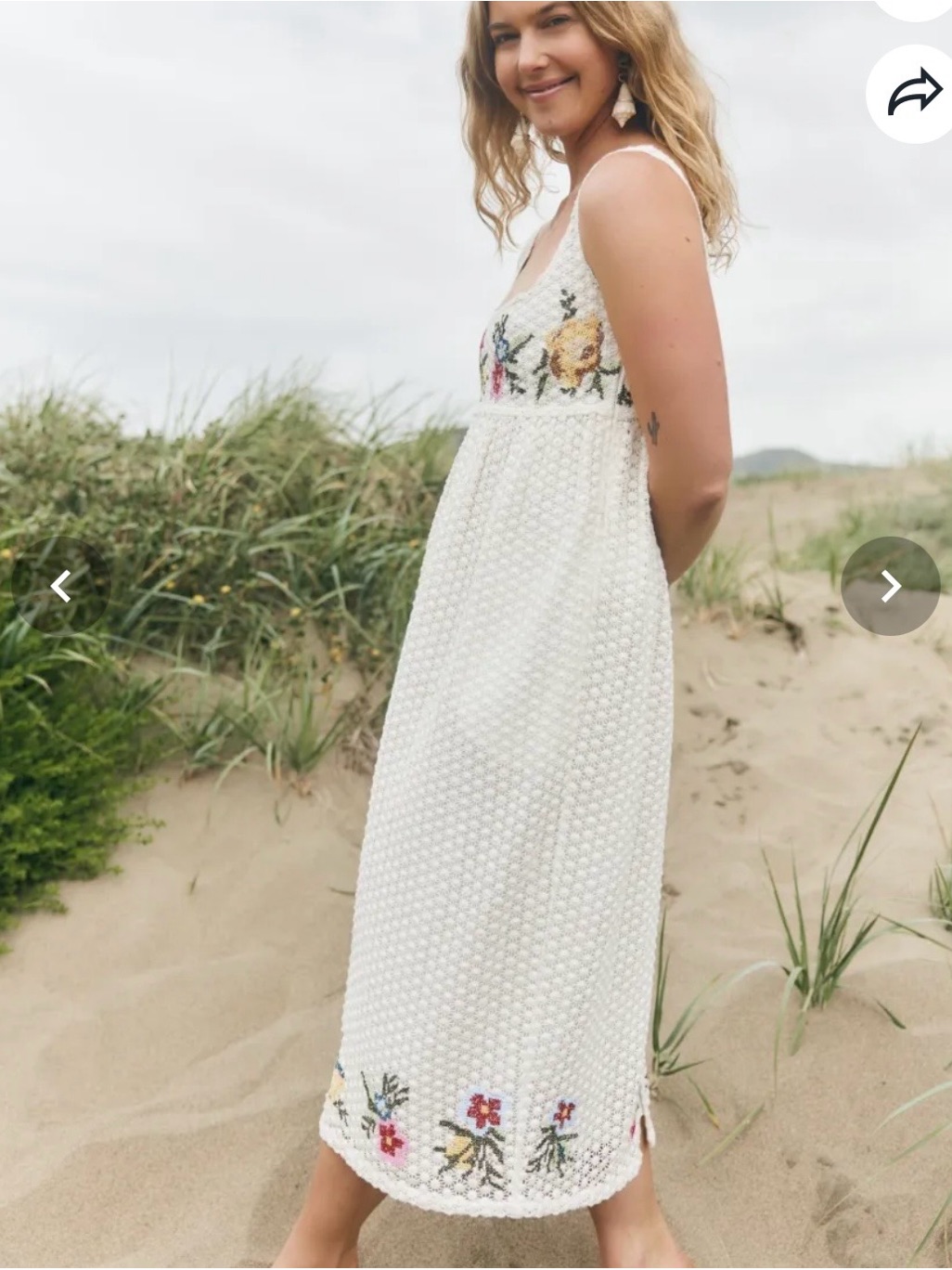 Eddy 100% Cotton Ivory Crochet Midi Dress With Floral Embroidery, New, Medium